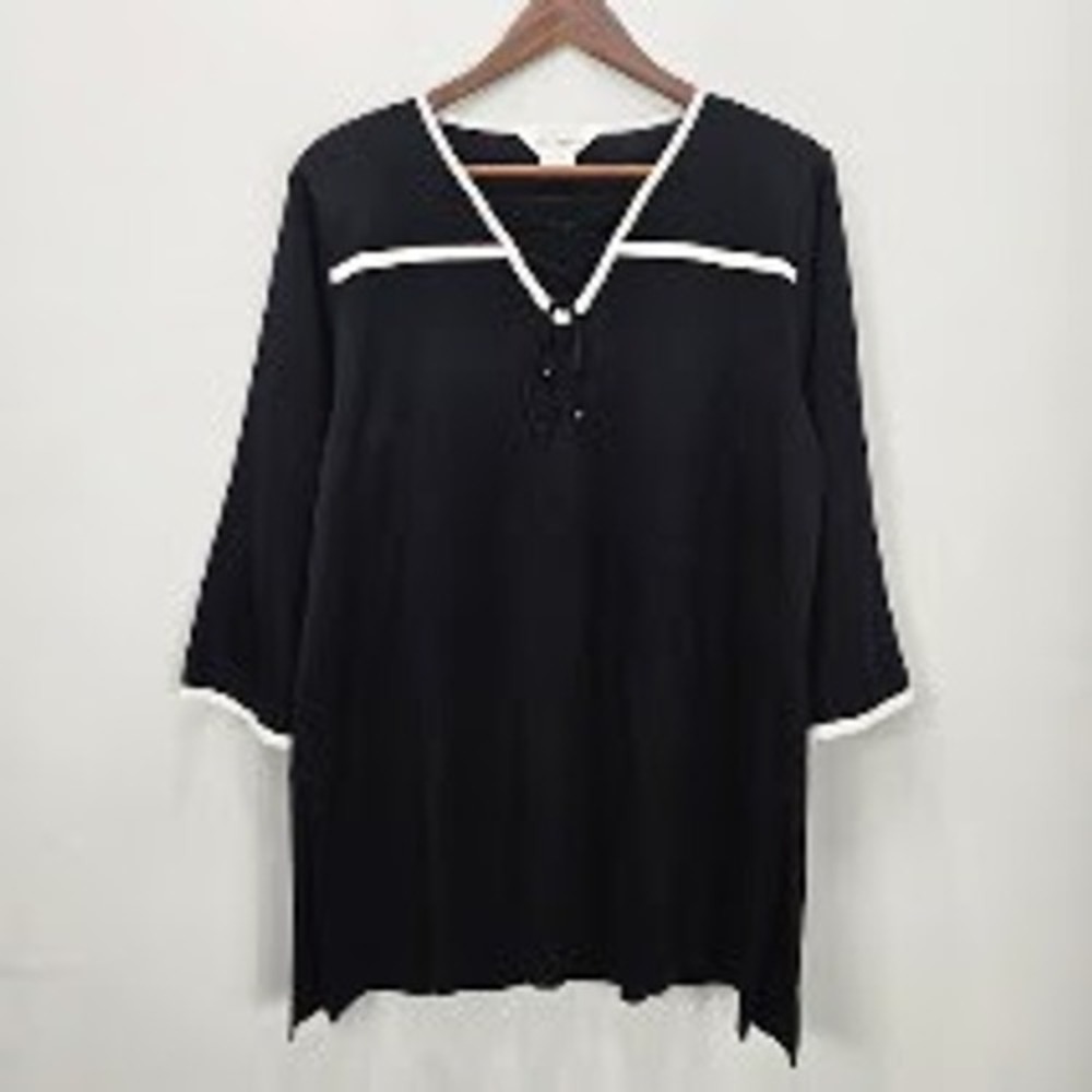 Exclusively Misook Top Blouse XL Black Lace Up Knit Travel Office Career Modest